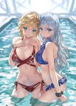  2girls :d aqua_eyes bangs between_breasts bikini blonde_hair blue_bikini blue_eyes blush breasts cleavage closed_mouth collarbone commentary_request cowboy_shot eyebrows_visible_through_hair frilled_bikini frills grin halterneck hands_on_own_chest highres large_breasts looking_at_viewer looking_to_the_side multiple_girls navel open_mouth original pool ran&#039;ou_(tamago_no_kimi) red_bikini red_ribbon ribbon scrunchie short_hair side-tie_bikini sideboob silver_hair smile sparkle standing stomach swimsuit teeth water wrist_scrunchie wristband 