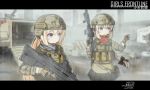  2girls absurdres acog armored_personnel_carrier armored_vehicle artist_name assault_rifle bangs blonde_hair blue_eyes braid braided_ponytail bullpup camouflage chinese_commentary english_text eotech eyebrows_visible_through_hair f2000_(girls_frontline) fn_f2000 fn_fnc fnc_(girls_frontline) girls_frontline gloves ground_vehicle gun hair_between_eyes hazard_stripes headset helmet highres holding holding_weapon holster load_bearing_vest logo long_braid long_hair m113 military military_operator military_uniform multiple_girls plate pleated_skirt ponytail rain red_scarf rifle scarf signature skirt sleeves_rolled_up thigh_holster toramaru-913 trigger_discipline uniform vertical_foregrip vest weapon 