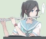  1girl aqua_background black_hair blue_eyes blue_sailor_collar eyebrows_visible_through_hair flute hibike!_euphonium instrument kasaki_nozomi kitauji_high_school_uniform liz_to_aoi_tori neckerchief ree_(re-19) sailor_collar school_uniform shirt short_ponytail sidelocks simple_background solo speech_bubble watch white_shirt wristwatch 