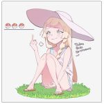  1girl blonde_hair blue_eyes blush border circle_game closed_mouth commentary convenient_arm dress godekasu hat knees_together_feet_apart lillie_(pokemon) long_hair looking_at_viewer middle_finger poke_ball poke_ball_(generic) pokemon pokemon_(game) pokemon_sm sandals simple_background sitting smile smug solo sun_hat white_background white_border white_dress white_headwear 
