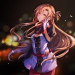  1girl asuna_(sao) bangs black_sleeves blurry blurry_background brown_eyes brown_hair covered_navel cowboy_shot floating_hair gloves hair_between_eyes highres hozumi_rino long_hair long_sleeves looking_at_viewer night open_mouth outdoors pants red_pants shiny shiny_hair solo standing sword_art_online sword_art_online_the_movie:_ordinal_scale very_long_hair white_gloves 