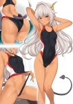  1girl armpits arms_up ass ass_visible_through_thighs bangs black_swimsuit blush breasts competition_swimsuit dark_skin dragon_girl dragon_horns dragon_tail eyebrows_visible_through_hair fingernails hair_intakes highleg highleg_swimsuit highres horns long_hair looking_at_viewer multiple_views nail_polish navel one-piece_swimsuit original pool red_eyes red_nails sharp_fingernails silver_hair simple_background sitting small_breasts smile spread_legs standing swimsuit tail takunomi thigh_gap ursula_(takunomi) water white_background 