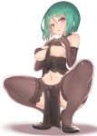  1girl bare_shoulders black_bra black_corset black_footwear black_gloves black_legwear blush bob_cut bra breasts chihaya_72 commentary_request corset elbow_gloves eyebrows_visible_through_hair gloves green_hair hair_between_eyes highres kiratto_pri_chan lace lace-trimmed_legwear lace_trim looking_at_viewer midorikawa_sara navel necktie open_mouth pelvic_curtain pink_eyes pretty_(series) short_hair solo squatting sweat thighhighs underwear 