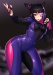  1girl :p bangs black_hair blunt_bangs bodysuit breasts contrapposto eyepatch fighting_stance fingerless_gloves fingernails glint gloves han_juri hands_up highres kagematsuri large_breasts looking_at_viewer one_eye_covered purple_eyes purple_nails smile solo street_fighter street_fighter_v tongue tongue_out 