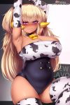  1girl animal_print bangs bell bell_choker blonde_hair blush breasts choker cow_bell cow_horns cow_print dark_elf dark_elven_forest_ranger elbow_gloves elf gloves highres horns large_breasts last_origin leotard long_hair looking_at_viewer mapar plump pointy_ears purple_eyes solo sweat thighhighs two_side_up 