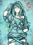  1girl fukuhara_tetsuya glasses gloves granblue_fantasy hand_in_pocket highres hood hoodie illnott paint_splatter shorts smile splatter_background zipper 
