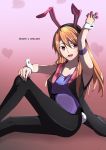  1girl :d absurdres akame_ga_kill! animal_ears arm_strap arm_up armpits bangs black_hairband black_legwear brown_hair bunny_ears bunny_girl bunny_tail bunnysuit candy character_name chelsea_(akame_ga_kill!) fake_tail food gradient gradient_background hair_between_eyes hairband hand_on_own_knee heart highleg highleg_leotard highres leotard lollipop long_hair looking_at_viewer najendasan open_mouth pantyhose pink_background purple_leotard red_eyes shiny shiny_hair sitting smile solo strapless strapless_leotard tail twitter_username very_long_hair wrist_cuffs 