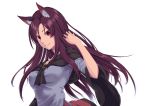  1girl animal_ears breasts brooch brown_hair dress hand_in_hair imaizumi_kagerou jewelry light_smile long_hair looking_at_viewer medium_breasts off-shoulder_dress off_shoulder red_eyes simple_background solo tenamaru touhou white_background wolf_ears 