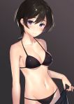  1girl bare_shoulders bikini black_bikini blush breasts brown_background brown_hair cleavage closed_mouth cowboy_shot fingernails halterneck highres kagematsuri large_breasts looking_at_viewer mole mole_under_mouth navel original purple_eyes short_hair solo standing stomach swimsuit 