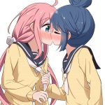  2girls ahoge blue_eyes blue_hair blush cardigan closed_eyes commentary hair_bun highres kagamihara_nadeshiko kiss long_hair miruzawa_akechi multiple_girls neckerchief pink_hair sailor_collar scrunchie shima_rin tug twintails white_background yuri yurucamp 