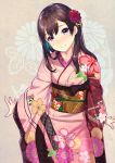  1girl arms_at_sides blush brown_hair closed_mouth fingernails floral_background floral_print flower hair_flower hair_ornament head_tilt highres japanese_clothes kagematsuri kimono long_hair long_sleeves looking_at_viewer obi original pink_kimono purple_eyes red_flower sash smile solo standing wide_sleeves 