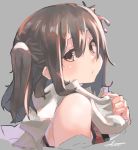 1girl akicosmossakasa bare_shoulders brown_eyes brown_hair grey_background headband highres kantai_collection looking_at_viewer scarf sendai_(kantai_collection) short_hair signature simple_background sleeveless solo two_side_up upper_body white_scarf 