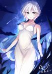  1girl :d anastasia_(idolmaster) bangs breasts cleavage collarbone dated dress green_eyes hair_between_eyes highres idolmaster idolmaster_cinderella_girls jewelry long_dress looking_at_viewer medium_breasts necklace night night_sky open_mouth qs11 short_hair silver_hair sky sleeveless sleeveless_dress smile solo standing star star_(sky) star_necklace starry_sky white_dress 