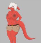  anthro big_breasts blue_eyes bottomwear breasts clothed clothing doctorlizard embarrassed embarrassed_nude_exposure female hair hi_res lizard navel non-mammal_breasts red_body red_knight_(sirphilliam) red_skin reptile scalie shorts simple_background solo topless white_hair 