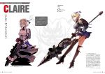  1girl ankle_boots ass asymmetrical_legwear backpack bag bangs bare_shoulders black_gloves blonde_hair blue_skirt boots bow bracelet breasts character_name claire_victorious concept_art detached_collar drill fingerless_gloves fingernails from_side full_body garter_straps gloves god_eater god_eater_3 hair_bow hand_on_hip high_heels highres holding holding_weapon jewelry kurumi_kobayashi long_legs looking_at_viewer medium_breasts multiple_views official_art page_number parted_lips pink_eyes polearm pom_pom_(clothes) scan simple_background sitting skirt solo spear stats strapless thighhighs thighs upskirt weapon white_background zettai_ryouiki 