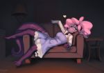  &lt;3 2020 anthro beckoning bikupan blue_eyes breasts bulge clothed clothing digital_media_(artwork) dragon furniture gesture gynomorph hair half-closed_eyes intersex looking_at_viewer lying narrowed_eyes octavia_(limebreaker) pink_hair sofa solo 