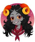  1girl aradia_megido black_eyes black_hair curly_hair eyebrows_visible_through_hair grey_skin highres homestuck horns long_eyelashes long_hair looking_at_viewer pearllovka pink_background sailor_collar school_uniform simple_background smile solo sparkle teeth troll_(homestuck) upper_body yellow_horns 