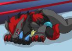  ambiguous_gender anthro black_body black_fur blue_body blue_eyes blue_fur breast_smother breasts claws domination duo female female/ambiguous female_domination female_on_top fighting_ring fur grey_body grey_fur hair licking licking_lips lucario lying multicolored_hair nintendo on_top pinned pok&eacute;mon pok&eacute;mon_(species) red_body red_fur restluck smothering tongue tongue_out video_games zoroark 