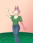  animal_crossing anthro bottomwear breasts canid canine canis clothed clothing doctorlizard eyes_closed female freya_(animal_crossing) fully_clothed fur gesture happy hi_res jeans mammal nintendo pants pink_body pink_fur shirt solo t-shirt topwear video_games waving wolf 