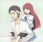  1boy 1girl :d bangs black_hair black_legwear blue_dress blue_eyes collarbone dress eyebrows_visible_through_hair hair_between_eyes index_finger_raised labcoat long_hair menomorute okabe_rintarou open_mouth pants pants_under_dress pink_background red_hair shiina_kagari shiny shiny_hair shirt short_dress short_sleeves smile steins;gate steins;gate_0 straight_hair sundress very_long_hair white_background white_shirt yellow_eyes 