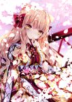  1girl animal_ears bangs blurry blurry_background bow breasts cat_ears commentary_request depth_of_field eyebrows_visible_through_hair floral_print frilled_kimono frills hair_between_eyes hair_bow hand_up highres japanese_clothes kimono light_brown_hair long_hair looking_at_viewer medium_breasts nanase_kureha nanase_nao obi original print_kimono red_bow red_kimono red_ribbon ribbon sash solo very_long_hair yellow_eyes 