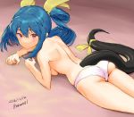  ass blue_hair blush breasts butt_crack dizzy_(guilty_gear) guilty_gear guilty_gear_xrd hair_between_eyes long_hair looking_at_viewer lying on_stomach panties red_eyes ribbon sideboob signature tail tail_ribbon twintails underwear yellow_ribbon zaki_(narashigeo) 