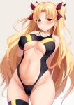  1girl absurdres arm_behind_back bangs bare_shoulders black_swimsuit blonde_hair blush breasts center_opening choker closed_mouth earrings ereshkigal_(fate/grand_order) fate/grand_order fate_(series) hand_on_own_chest highleg highleg_swimsuit highres jewelry large_breasts long_hair looking_at_viewer navel one-piece_swimsuit parted_bangs red_eyes simple_background swimsuit thighs two_side_up viral1112 