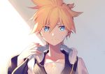  1boy bandage_on_face bass_clef black_collar black_sleeves blonde_hair blue_eyes collar collarbone commentary expressionless headphones headphones_around_neck headset holding_headphones kagamine_len looking_up male_focus sailor_collar school_uniform shirt short_ponytail sidelighting sinaooo solo spiked_hair upper_body vocaloid white_shirt 