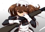  1girl alternate_costume apron black_dress brown_eyes brown_hair commentary_request cowboy_shot dress enmaided frilled_apron frills gloves gradient gradient_background grey_background gun hat highres kantai_collection long_hair maid mob_cap namakura_neo rifle ryuujou_(kantai_collection) solo twintails weapon weapon_request white_apron white_gloves white_headwear 