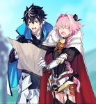  2boys armor astolfo_(fate) black_bow black_hair blue_cape bow braid cape charlemagne_(fate) cloak closed_eyes fang fate/apocrypha fate/extella fate/extella_link fate/extra fate_(series) fur_trim garter_straps gauntlets hair_intakes highres holding_map long_braid long_hair looking_at_map male_focus map multicolored_hair multiple_boys ono_matope open_mouth pink_hair pointing red_cloak short_hair single_braid skin_fang streaked_hair sweatdrop thighhighs two-tone_hair white_cape white_cloak white_hair 