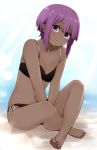  1girl :&gt; bangs bare_arms bare_legs bare_shoulders barefoot between_legs bikini black_bikini breasts cleavage closed_mouth collarbone crossed_legs dark_skin eyebrows_visible_through_hair fate/prototype fate/prototype:_fragments_of_blue_and_silver fate_(series) full_body hair_between_eyes hand_between_legs hassan_of_serenity_(fate) highres i.u.y looking_at_viewer navel purple_eyes purple_hair side-tie_bikini sitting small_breasts soles solo swimsuit wet 