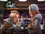  alcohol artist_request bar bartender blonde_hair blue_eyes chinese_commentary drinking drooling english_text fur_hat girls_frontline glass glass_bottle hat highres jill_stingray mosin-nagant_(girls_frontline) pouring ppsh-41_(girls_frontline) pub ushanka va-11_hall-a vodka 