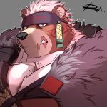  1:1 2020 anthro barazoku black_nose brown_body brown_fur clothed clothing fur hi_res kimun_kamui male mammal portrait reclamon simple_background solo tokyo_afterschool_summoners ursid video_games 