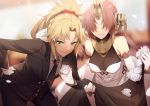  2girls bare_shoulders black_veil blonde_hair blush breasts dress elbow_gloves fate/apocrypha fate/grand_order fate_(series) flower formal frankenstein&#039;s_monster_(fate) gloves green_eyes grin hair_over_eyes headgear horn long_sleeves looking_at_viewer medium_breasts medium_hair mordred_(fate) mordred_(fate)_(all) multiple_girls necktie no-kan pink_hair rose short_hair smile suit wavy_mouth wedding_dress white_dress white_flower white_gloves white_rose 
