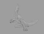  5_fingers anthro athletic claws digital_media_(artwork) eyes_closed fingers grey_background greyscale klongi lizard long_neck male monochrome nude reptile scalie simple_background sitting solo 