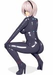  1girl ass black_blindfold black_bodysuit black_footwear black_gloves blindfold bodysuit breasts gantz gantz_suit gloves high_heels highres large_breasts lips looking_back mole mole_under_mouth nier_(series) nier_automata parted_lips ryu_seung squatting white_background white_hair yorha_no._2_type_b 