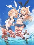  2girls armpits arms_up ass bangs black_neckwear black_panties blonde_hair blue_eyes blue_sailor_collar blue_skirt blue_sky blush breasts bunny_pose cloud collarbone cosplay crop_top day elbow_gloves gloves groin hair_ribbon hairband highleg highleg_panties highres janus_(kantai_collection) jervis_(kantai_collection) k_jie kantai_collection long_hair looking_at_viewer microskirt midriff miniskirt multiple_girls navel neckerchief ocean one_eye_closed open_mouth outdoors panties pleated_skirt ribbon sailor_collar school_uniform serafuku shimakaze_(kantai_collection) shimakaze_(kantai_collection)_(cosplay) short_hair skirt sky sleeveless small_breasts smile striped striped_legwear symbol_commentary thighhighs underwear upper_teeth water white_gloves 