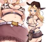  1girl animal_print ass bare_shoulders belt belt_buckle bikini bikini_under_clothes blonde_hair blue_eyes blush breasts brown_gloves brown_skirt buckle commentary cow_print cowboy_hat from_below from_side girls_und_panzer gloves grin gun hand_up hat highres kasai_shin kay_(girls_und_panzer) large_breasts long_hair looking_at_viewer multiple_views navel o-ring o-ring_bikini o-ring_top shiny shiny_hair shiny_skin sideboob simple_background skirt smile strap_gap string_bikini swimsuit thighs tongue underboob weapon white_background white_belt 