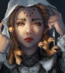  1girl absurdres commentary copyright_request eyebrows face facepaint gorgon highres hood looking_at_viewer red_eyes snake snake_hair solo tagme trungbui42 white_hood 