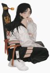  1girl black_hair black_pants cropped_jacket earrings eriol_s2 highres hoop_earrings jacket jewelry lipstick long_hair looking_at_viewer makeup original pants shoes silver_eyes simple_background skateboard sneakers solo squatting white_footwear white_jacket 