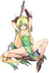 1girl armpits arms_up bangs black_footwear blonde_hair blue_eyes boots breasts covered_navel dress eyebrows_visible_through_hair forehead_jewel full_body green_dress groin highres holding holding_weapon karukan_(monjya) long_hair looking_at_viewer no_panties parted_bangs parted_lips pauldrons pelvic_curtain riesz seiken_densetsu seiken_densetsu_3 simple_background small_breasts solo spread_legs strapless strapless_dress very_long_hair weapon white_background 