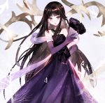  1girl :d bangs bare_shoulders black_hair blush brown_eyes collarbone commentary_request dress earrings elbow_gloves eyebrows_visible_through_hair fan folding_fan fur_trim gloves highres holding holding_fan jewelry long_hair looking_at_viewer moemoe3345 open_mouth original pleated_dress purple_dress purple_gloves smile solo strapless strapless_dress v-shaped_eyebrows very_long_hair 
