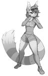  2019 agender andean_mountain_cat anthro bottomwear breasts clothed clothing english_text eyewear felid feline female fighting_pose greyscale hi_res kesthe kitsuneten leopardus long_tail mammal monochrome pose shorts simple_background solo standing sunglasses text white_background 