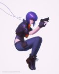  1girl bangs cable cropped_jacket fingerless_gloves ghost_in_the_shell:_sac_2045 gloves gun handgun highleg highleg_leotard highres holding holding_gun holding_weapon ilya_kuvshinov jacket knee_pads kusanagi_motoko leotard looking_at_viewer open_clothes open_jacket pants purple_hair red_eyes short_hair short_sleeves solo trigger_discipline watermark weapon white_background 