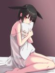  1girl bangs bare_shoulders black_hair blush breasts camisole elfenlied22 fate/grand_order fate_(series) gradient gradient_background head_wings highres looking_at_viewer ortlinde_(fate/grand_order) pillow pillow_hug red_eyes sheer_clothes short_hair sitting thighs valkyrie_(fate/grand_order) wariza 