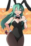  1girl animal_ears aqua_hair bangs black_legwear black_leotard blush breasts bunny_ears bunnysuit card cleavage detached_collar eyebrows_visible_through_hair fake_animal_ears hair_between_eyes hair_ornament hairclip hand_on_own_chest heart heart_background holding holding_card kantai_collection large_breasts leotard long_hair nel-c one_eye_closed open_mouth simple_background solo suzuya_(kantai_collection) wrist_cuffs 