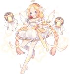  1girl :3 :d angel_(ark_order) angel_wings ao_jun ark_order bell blonde_hair blue_eyes blush bow braid constellation_print detached_wings diadem dress dress_bow falling_feathers flower forehead frilled_dress frills full_body gears gloves hair_ornament halo holding holding_flower long_hair looking_at_viewer mini_wings official_art pantyhose pink_pupils pointy_ears puffy_dress red_flower red_rose rose sheer_legwear short_dress sidelocks smile solo standing standing_on_one_leg star-shaped_pupils star_(symbol) star_hair_ornament star_print stirrup_legwear symbol-shaped_pupils tachi-e toeless_legwear transparent_background twin_braids veil very_long_hair white_dress white_gloves white_legwear white_wings wings yellow_bow 