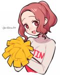  1girl alternate_costume alternate_hairstyle blush brown_eyes brown_hair cheerleader commentary do_m_kaeru long_sleeves okumura_haru persona persona_5 persona_5:_dancing_star_night pom_poms ponytail solo turtleneck twitter_username upper_body white_background 