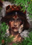  1girl brown_eyes brown_hair closed_mouth earrings english_commentary facepaint facial_mark fur headband jewelry lipstick looking_at_viewer makeup mask mononoke_hime red_lipstick san short_hair solo 
