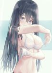  1girl arm_up bangs black_hair blue_eyes blush breasts cleavage dress eyebrows_visible_through_hair hair_between_eyes highres holding holding_towel long_hair medium_breasts moda_(mo_da_3) navel original stomach straight_hair towel two-tone_background upper_body washing wet wet_hair white_dress 